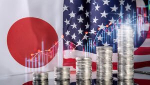 日米国旗とコインで示す為替相場の変動