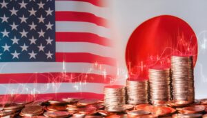 日米国旗とコインで見る為替相場の変動