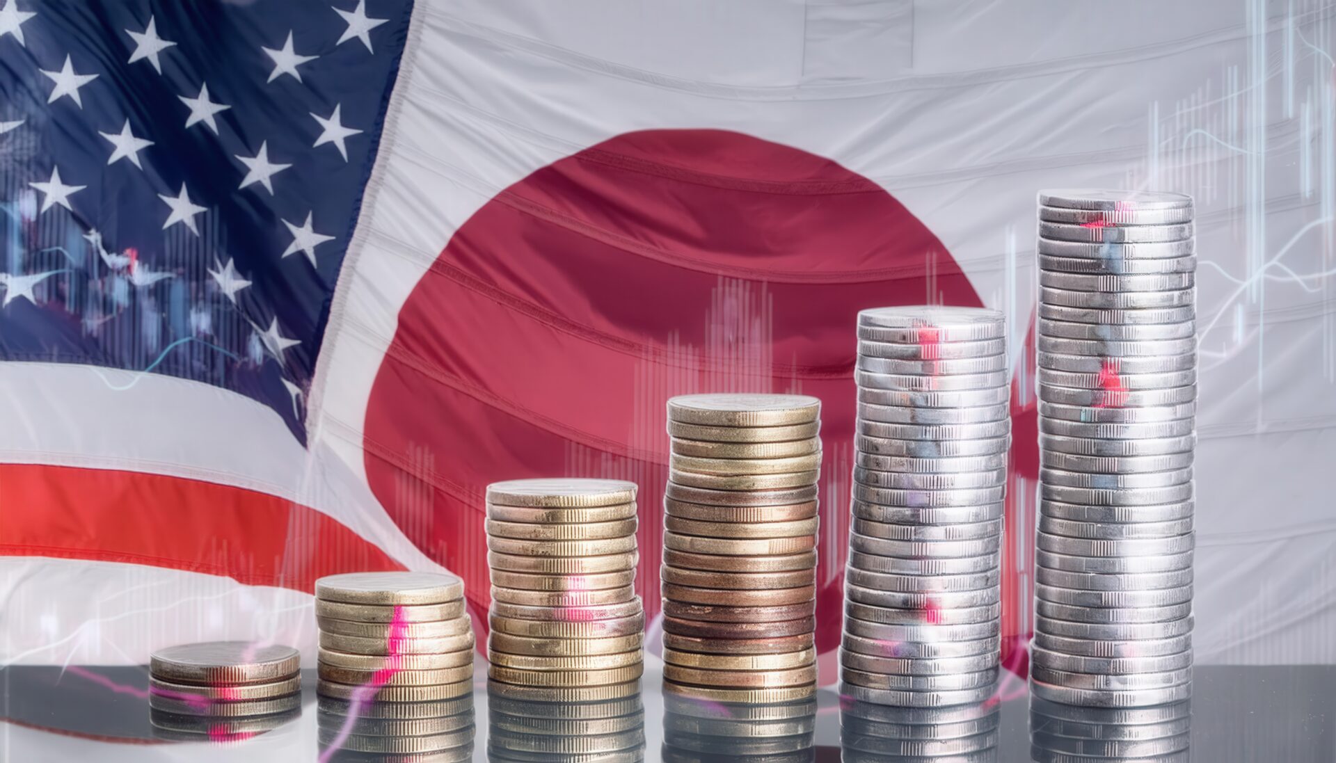 日米国旗を背景に積み上がるコインのイメージ