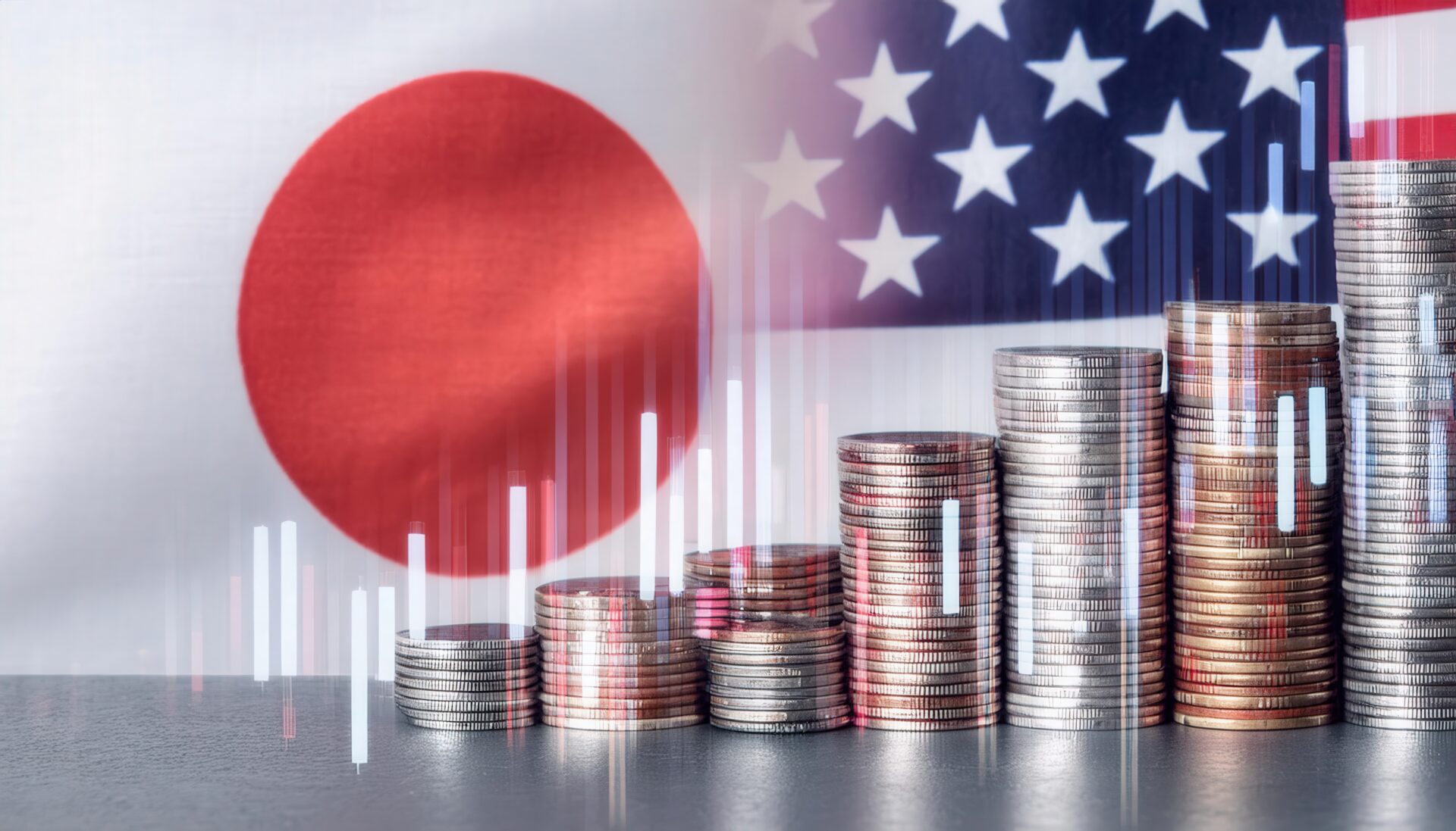 日米両国の旗とコインで示す経済成長
