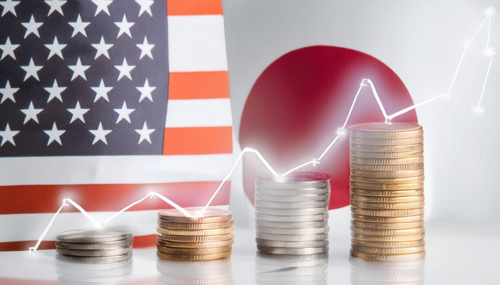 日米国旗とコインが示すマネーフローのイメージ
