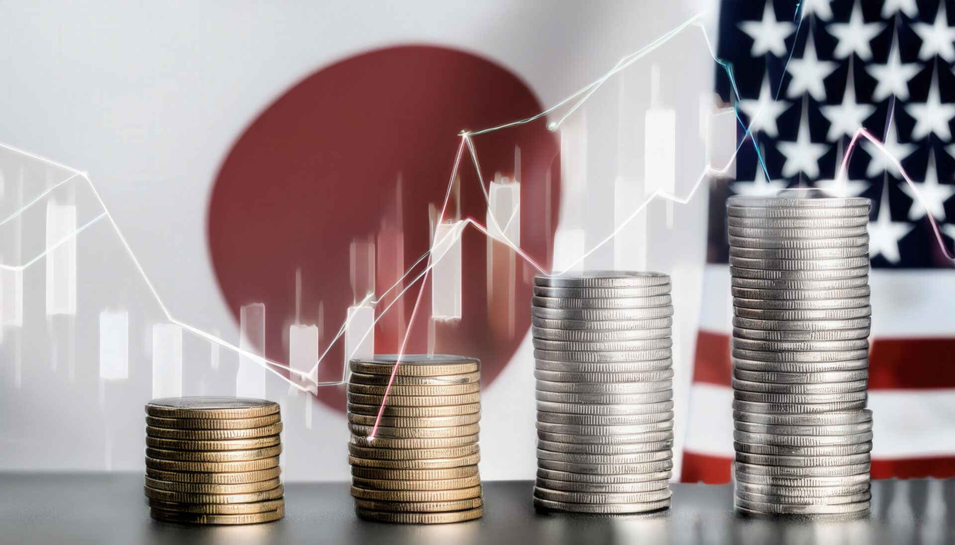 日米の国旗とコインで見る為替相場