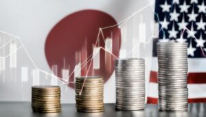 日米の国旗とコインで見る為替相場
