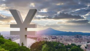 都市風景を背景にした大きな円マーク