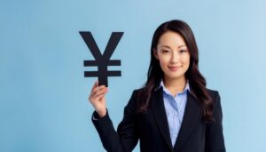 円マークを掲げるビジネスパーソン