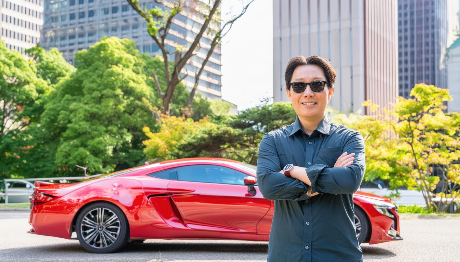 赤い車の前でポーズをとる人物01