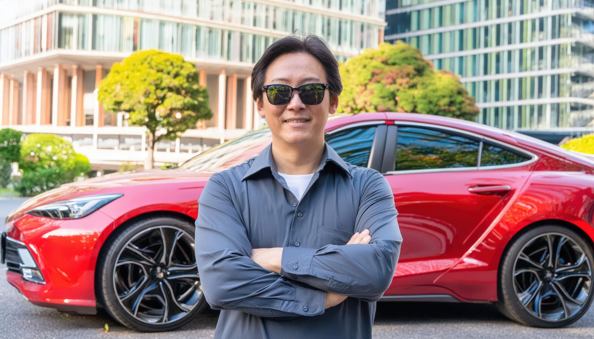 赤い車の前でポーズをとる人物02