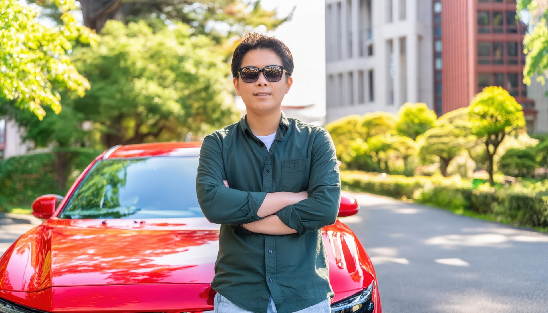 赤い車の前でポーズをとる人物04