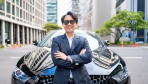 黒い車の前でポーズをとる人物03