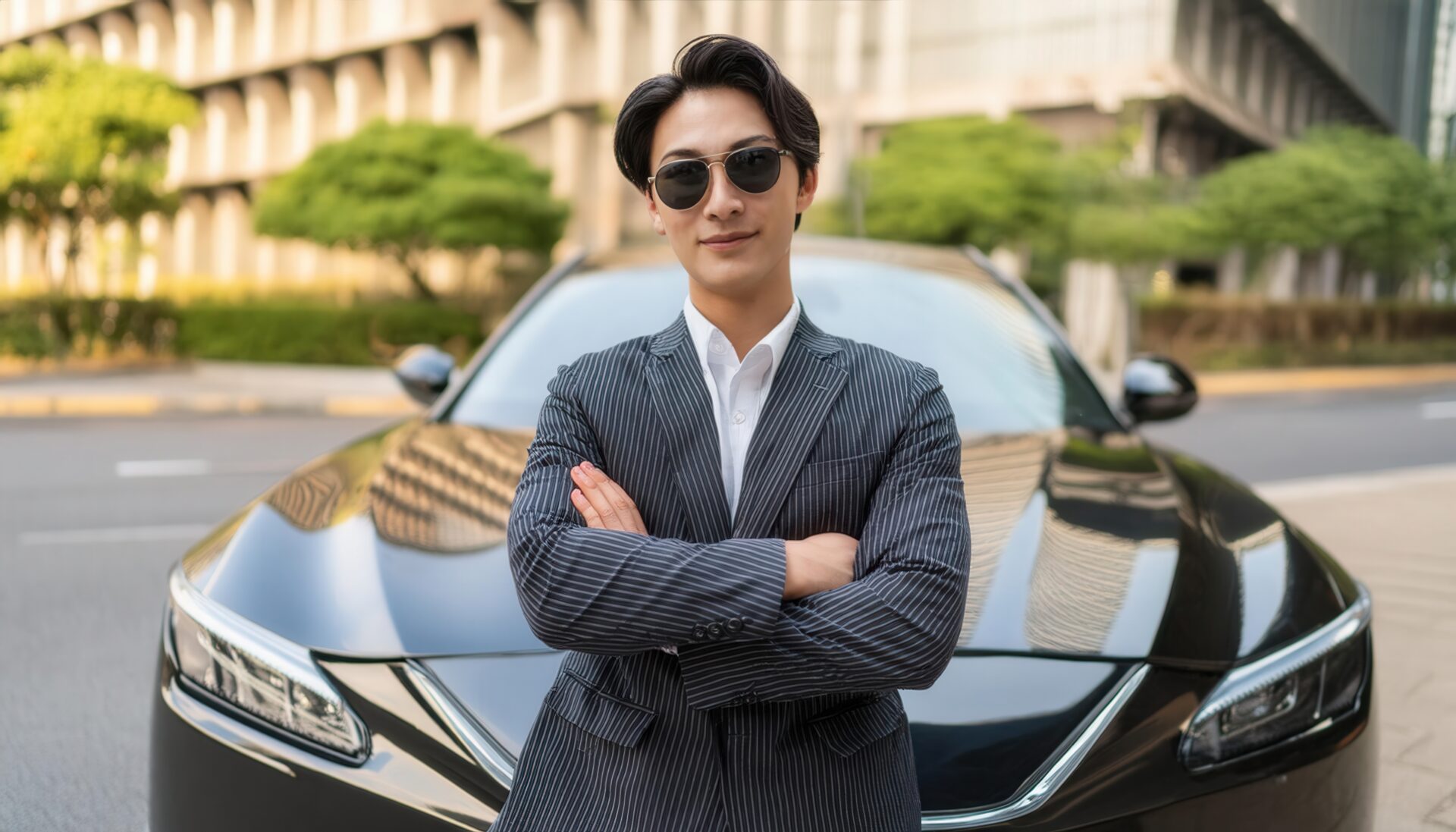 黒い車の前でポーズをとる人物04