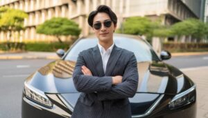 黒い車の前でポーズをとる人物04