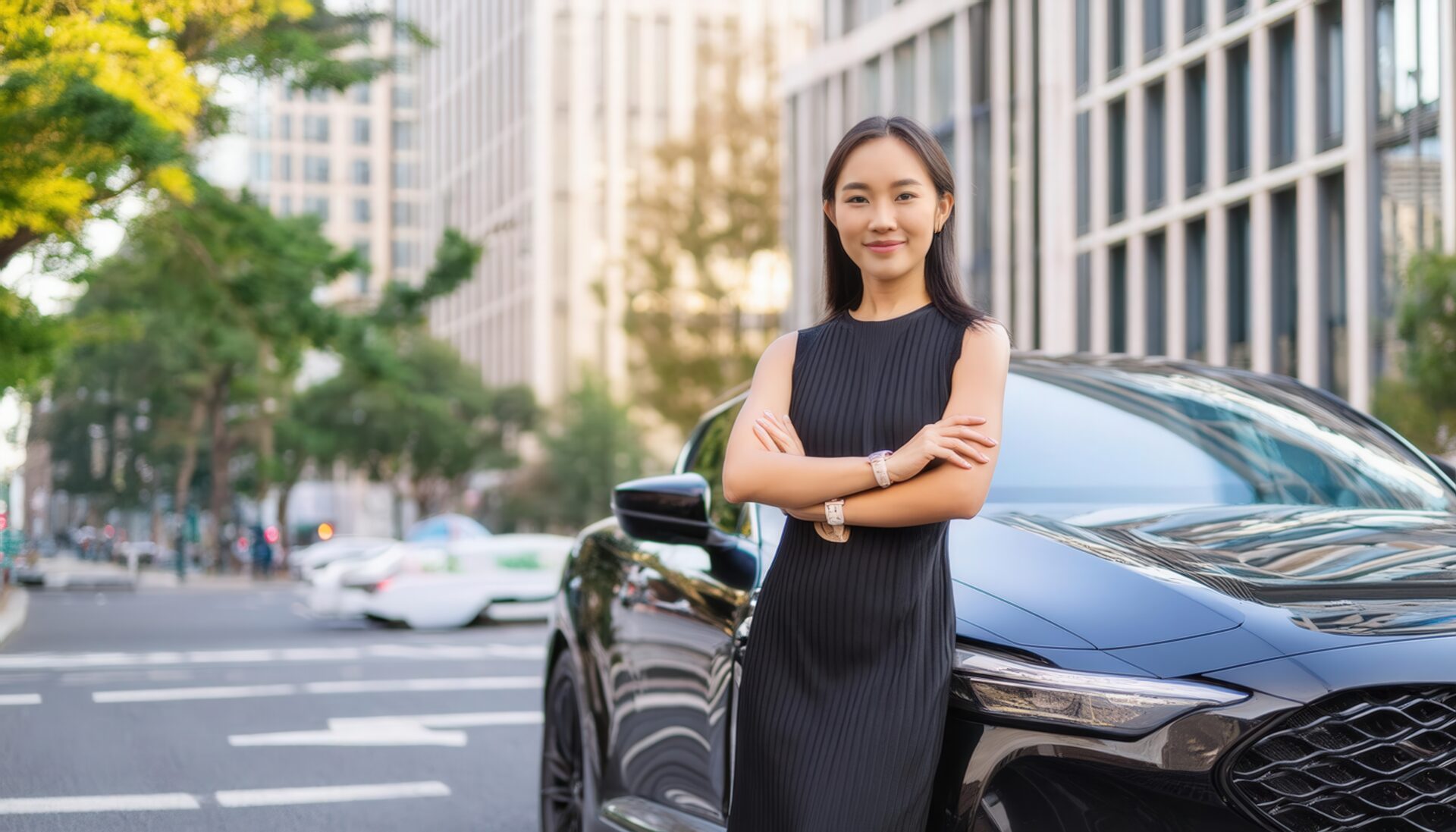 黒い車の前でポーズをとる女性03