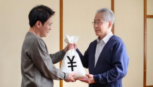 相続を渡す老年の男性と和室の中高年男性