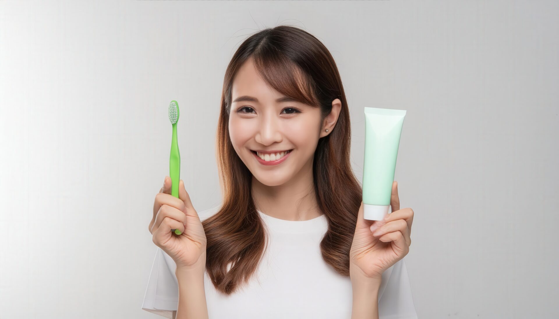 歯磨きセットを持つ女性1