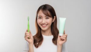 歯磨きセットを持つ女性1