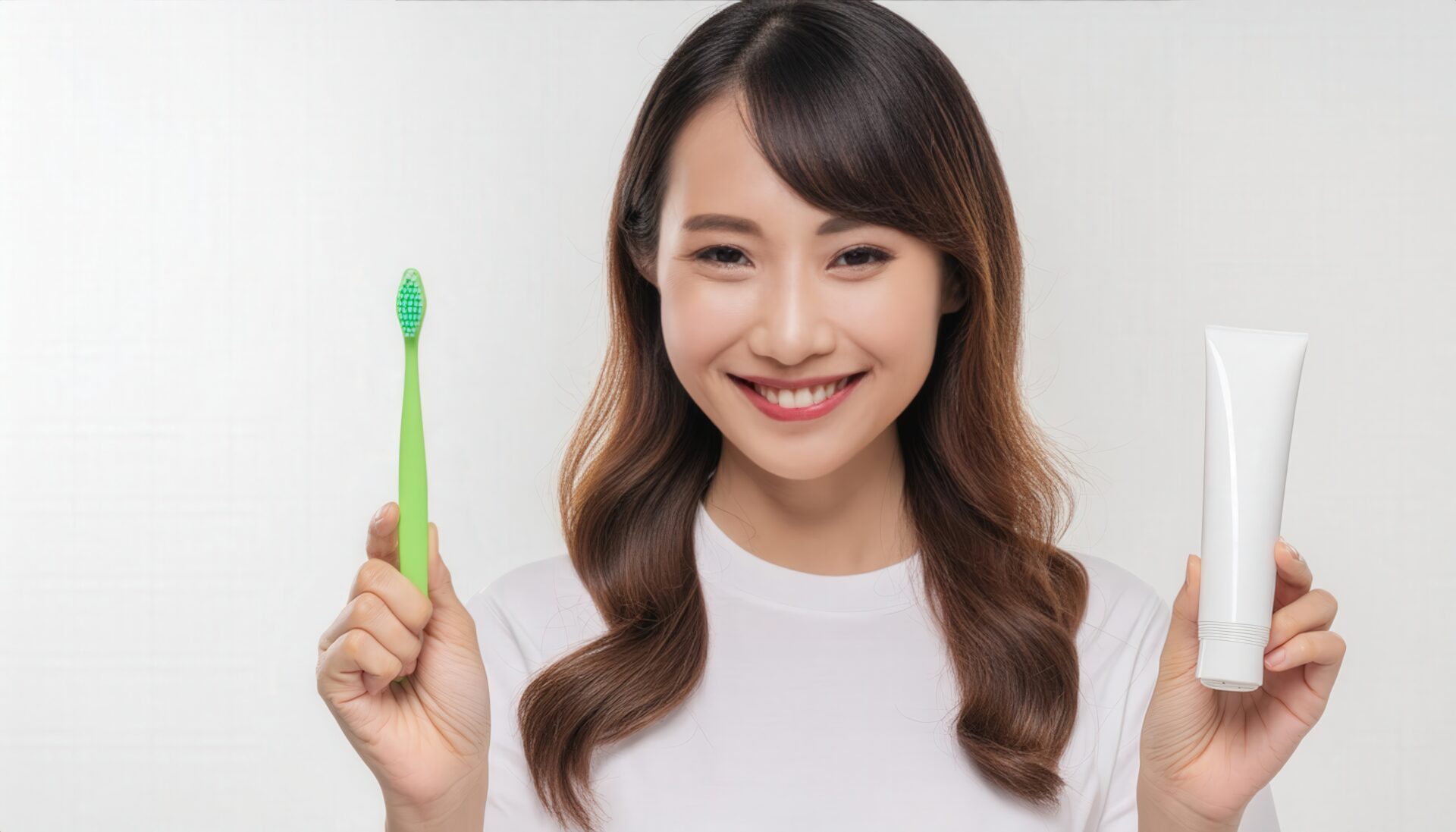 歯磨きセットを持つ女性2