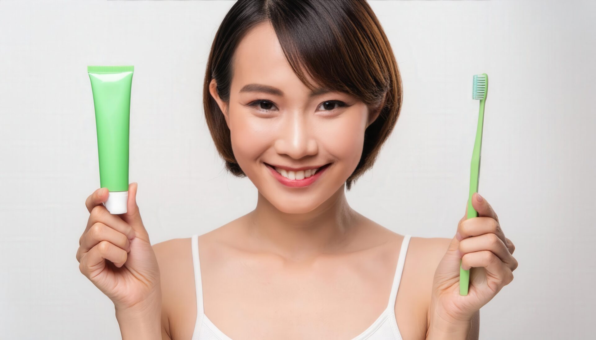 歯磨きセットを持つ女性3