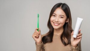 歯磨きセットを持つ女性4