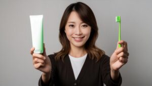 歯磨きセットを持つ女性5