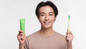 歯磨きセットを持つ男性1