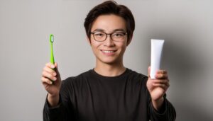 歯磨きセットを持つ男性3