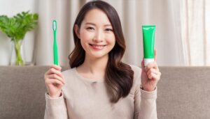 歯磨きセットを持つ女性6