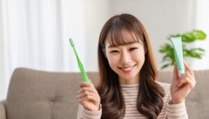 歯磨きセットを持つ女性9