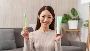 歯磨きセットを持つ女性10