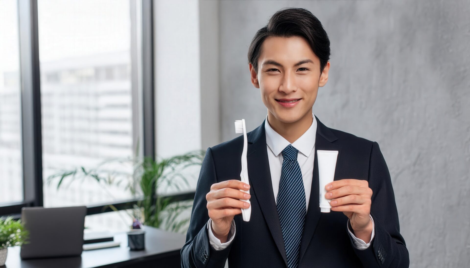 歯磨きセットを持つ男性6