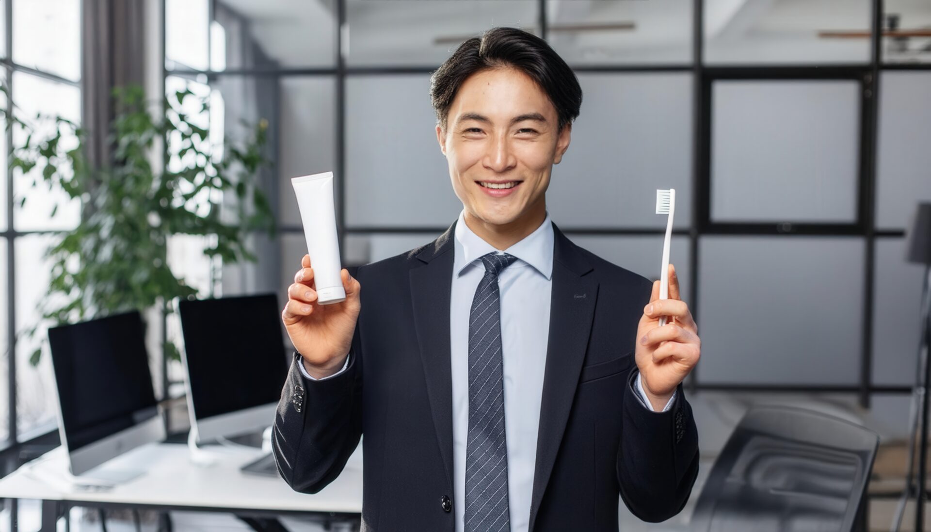 歯磨きセットを持つ男性7