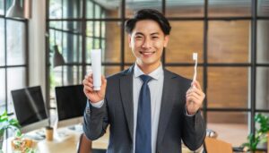 歯磨きセットを持つ男性8