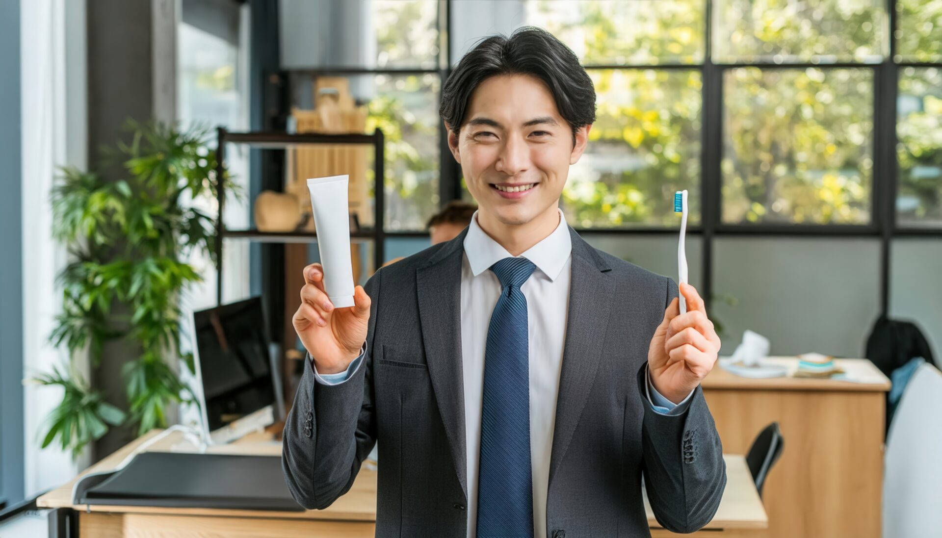 歯磨きセットを持つ男性9