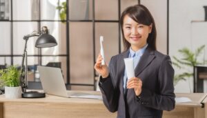 歯磨きセットを持つ女性3