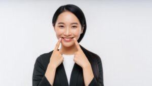 笑顔を指差す女性