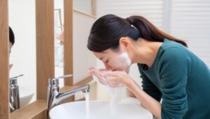 泡立てた洗顔中の女性