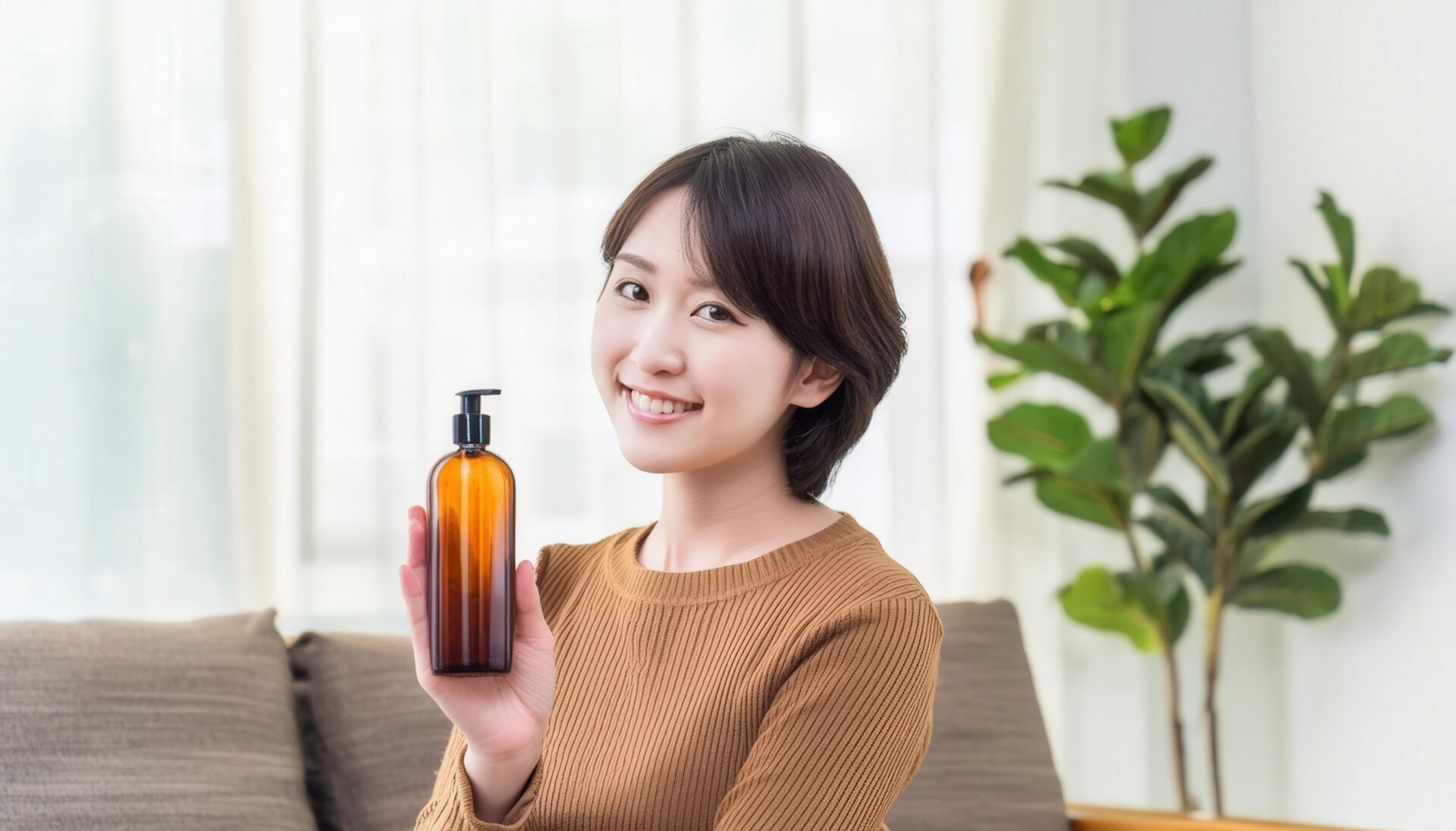 化粧水・美容液のボトルを持つ女性