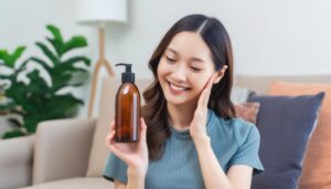 化粧水・美容液のボトルを手にした女性