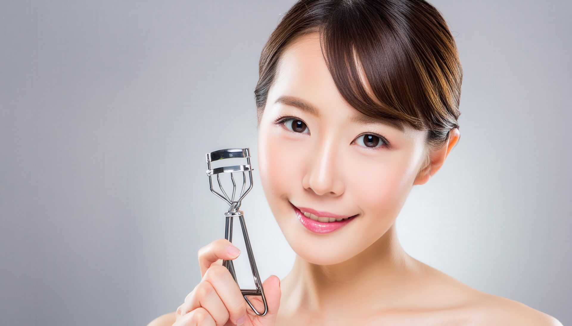 ピンク背景でビューラーを持つ女性