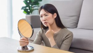 鏡を見て考える女性1