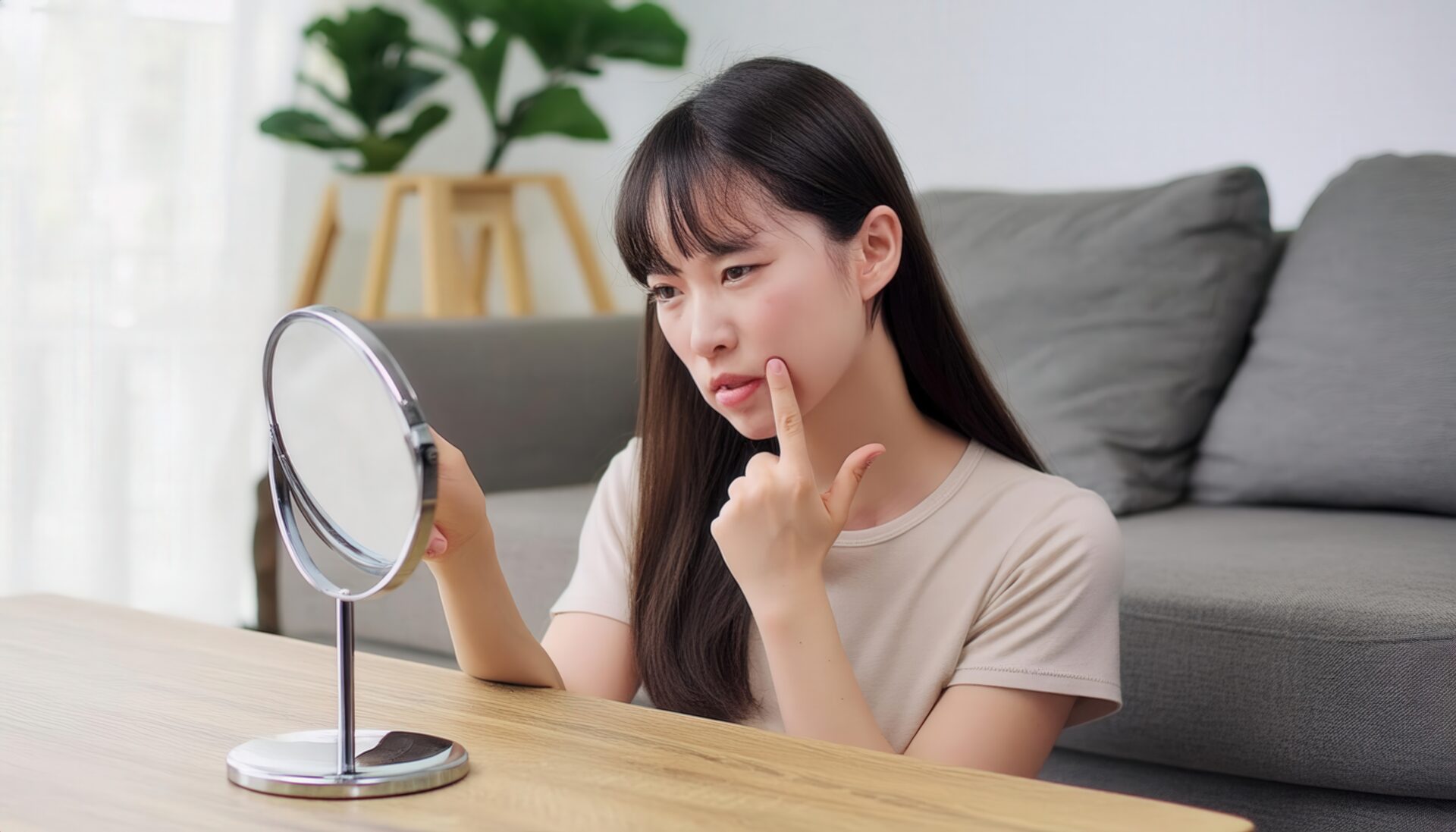 鏡を見て考える女性2