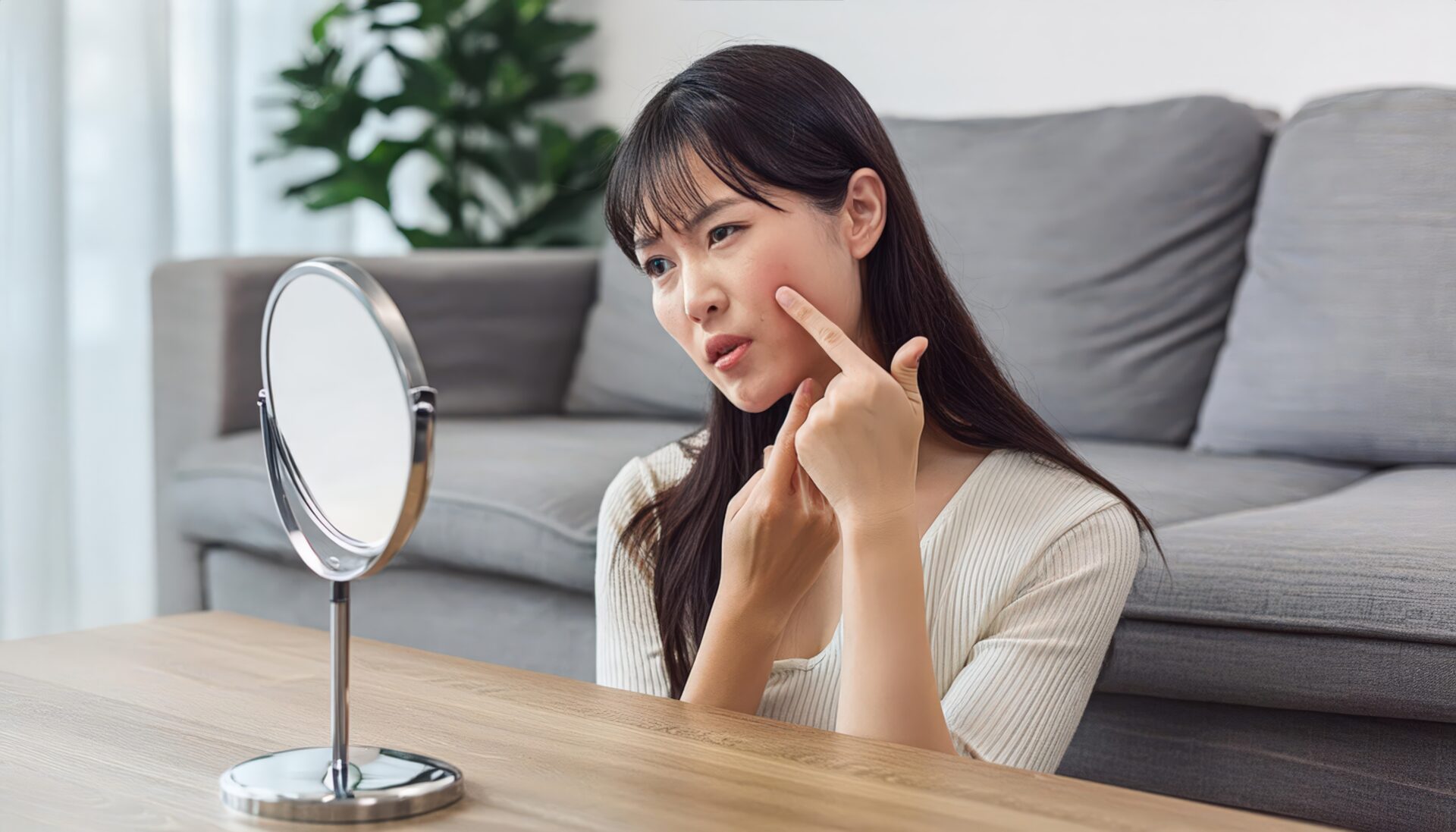 鏡を見て考える女性3