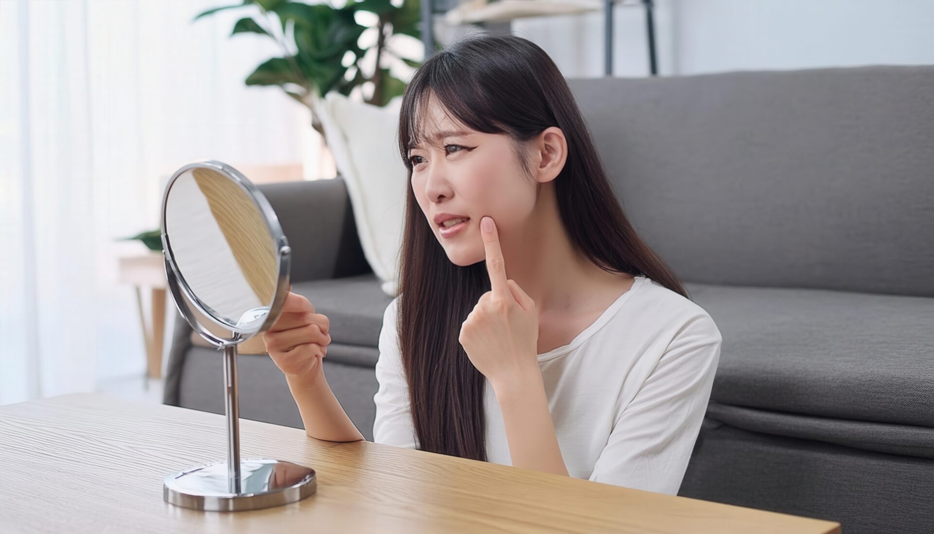 鏡を見て考える女性4