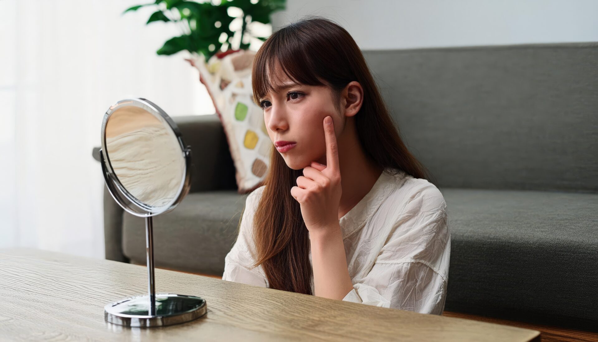 鏡を見て考える女性5