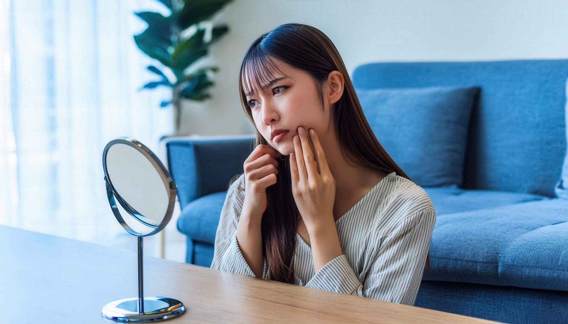 鏡を見て肌を気にする女性1