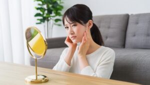 鏡を見て肌を気にする女性3