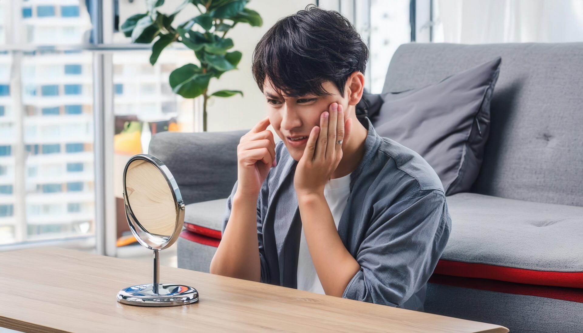 鏡を見て肌を気にする男性1