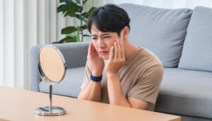 鏡を見て肌を気にする男性2