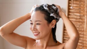 笑顔でシャンプー