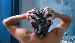 泡立てた髪の後ろ姿