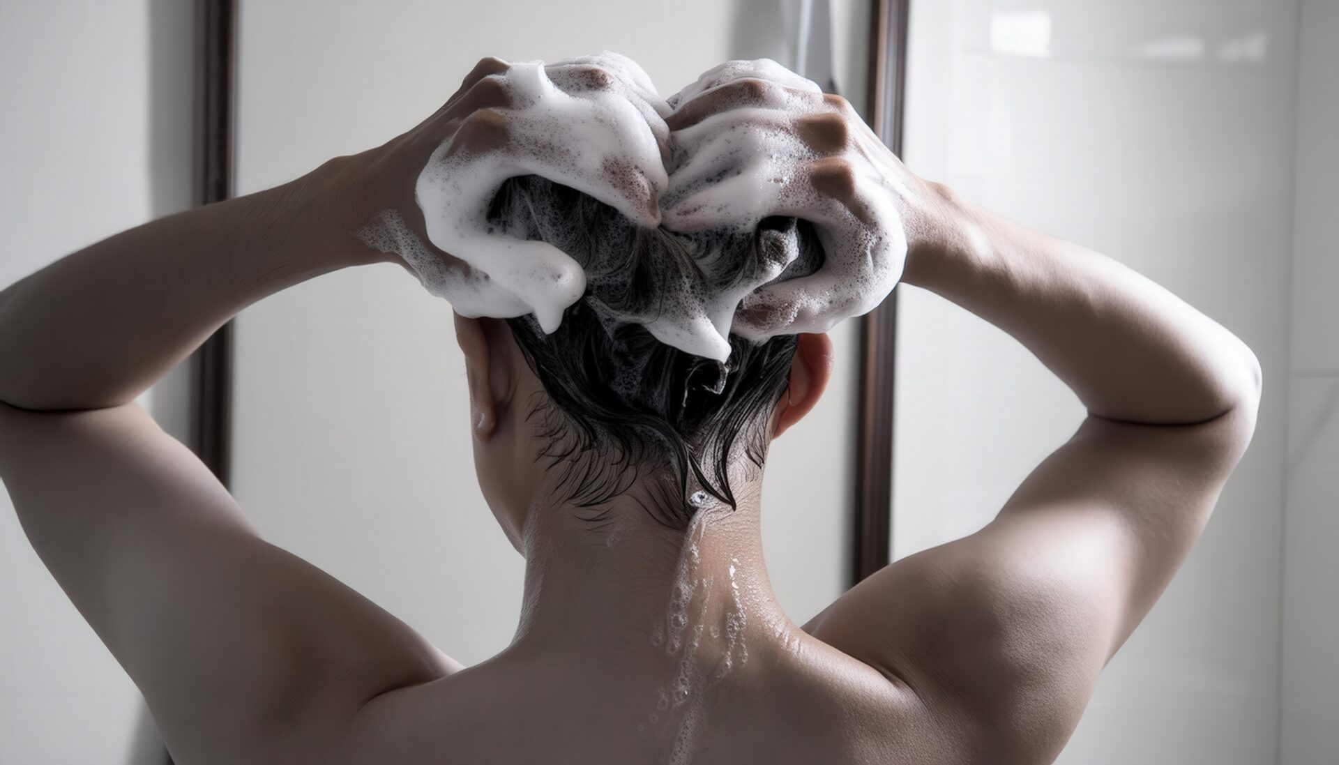 泡たっぷりの髪を洗う男性